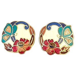 Vintage Earrings Cloisonné Gold Tone Butterfly Pierced Classic Spring Style 4M